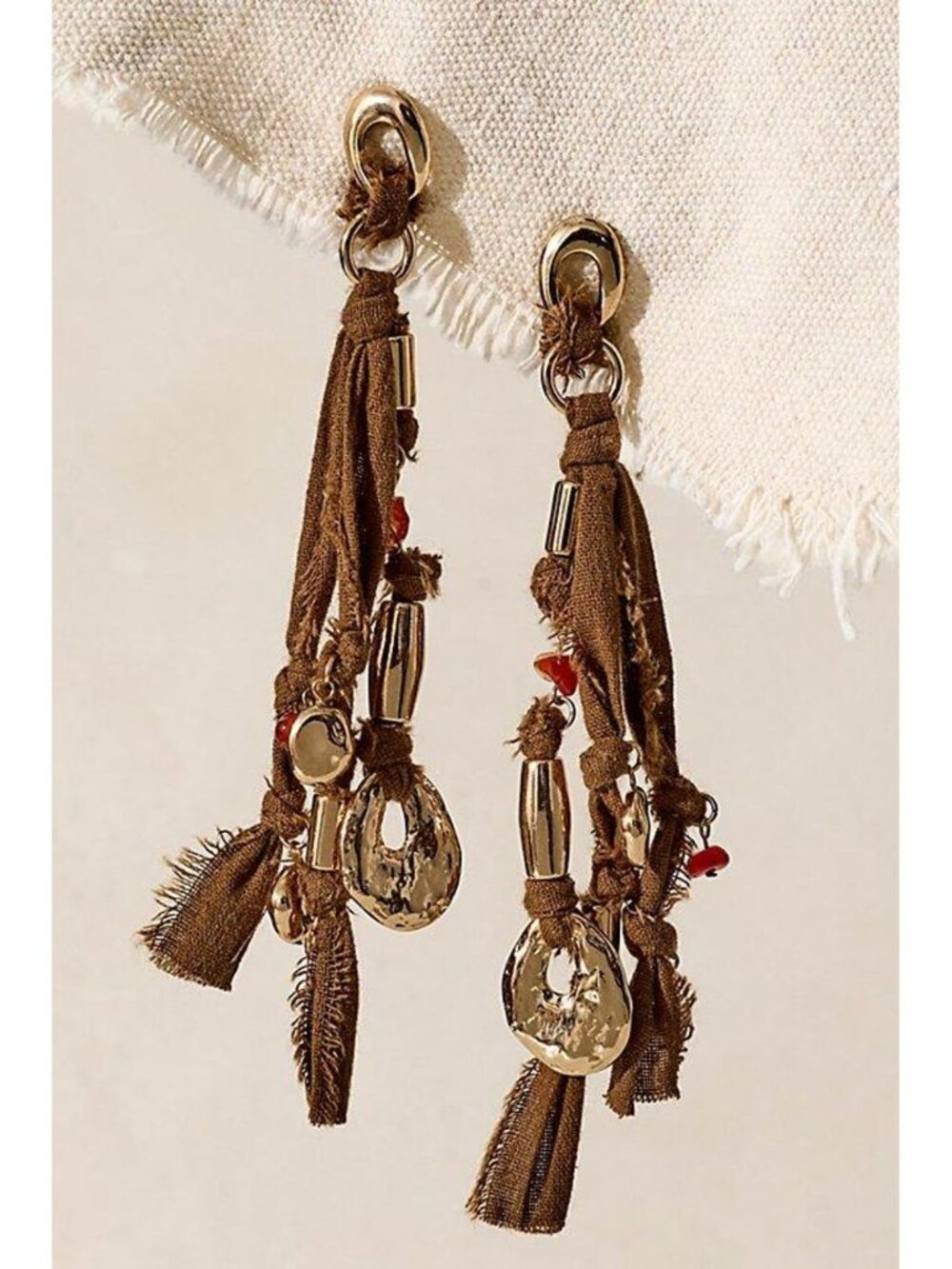 ☀️ Free People Pretty Baby Statement Dangle Earrings Brown Gold Fringe Boho NWT
